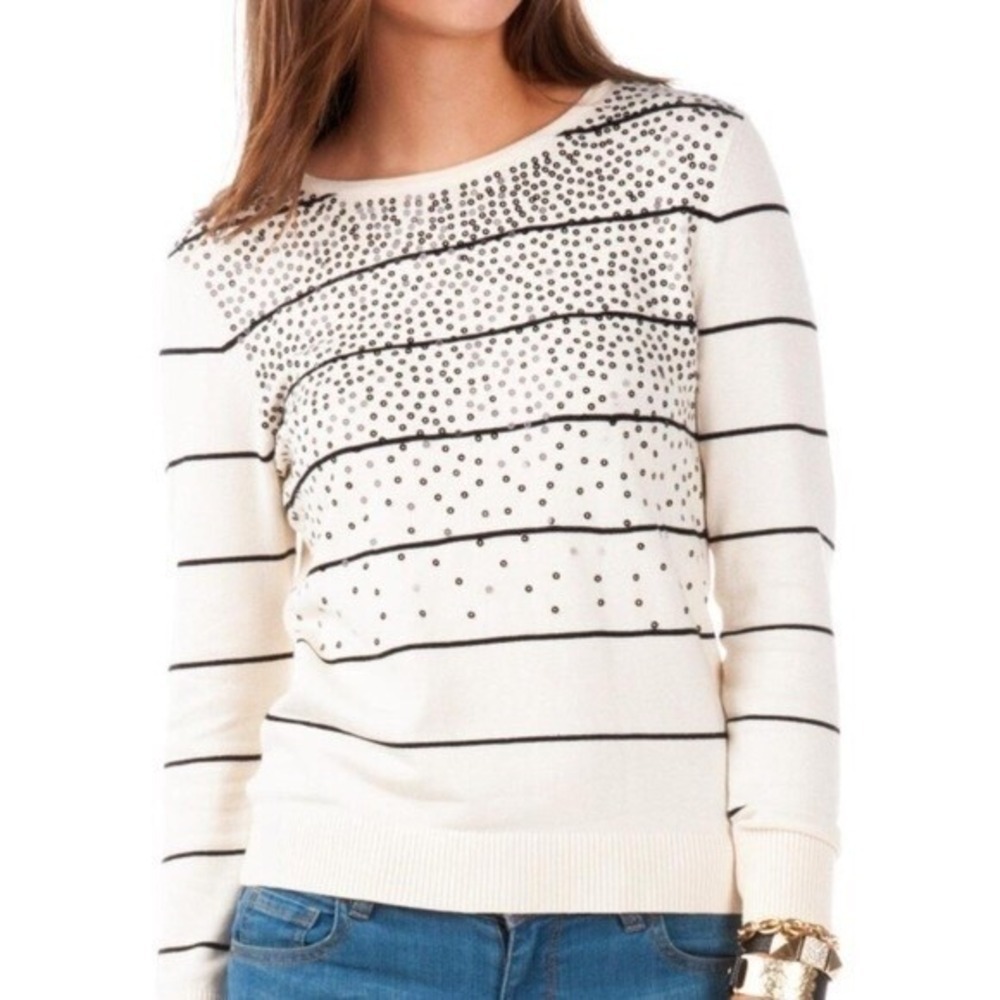 HARPER Women Sequence Pullover Long Sleeve Stripe Sweater Sz M Ivory Black 4a-11